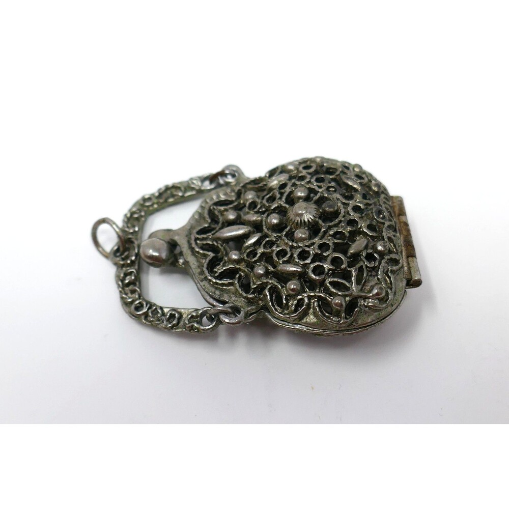 Vintage 1960s Art Deco Style Silver Tone Filigree Miniature Purse Locket Pendant - Picture 6 of 14
